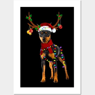 Santa Doberman Pinscher Reindeer Light Christmas Posters and Art